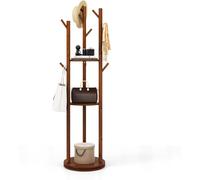 CostwayPorte-Manteaux sur Pied Base rotative à 360° 3 Etagères de Rangement 9 Crochets en Bois Massif pour l Entrée Salon