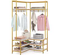 CostwayPorte-vêtements d'Angle Etagères Ouvertes 7 Crochets Banc à Chaussures Cadre en Métal Massif Patins Réglables Blanc