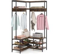 CostwayPorte-vêtements d'Angle Etagères Ouvertes 7 Crochets Banc à Chaussures Cadre en Métal Massif Patins Réglables Marron Rustique