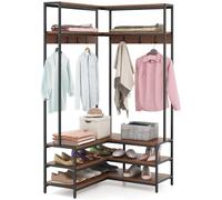 CostwayPorte-vêtements d'Angle Etagères Ouvertes 7 Crochets Banc à Chaussures Cadre en Métal Massif Patins Réglables Noyer