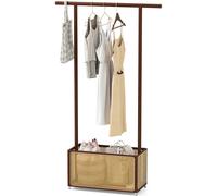 CostwayPorte-Vêtements en Bambou Porte-Manteau avec Panier de Rangement en Rotin PE et Roues Portant à Vêtements Roulant Rail de Suspension Marron