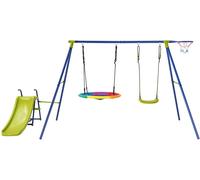 Costway Portique Avec Balançoire Nid D'oiseau Ronde Ø82cm,Toboggan,Panier De Basket 4 En 1 Balançoire Extérieure Réglable 3-12 Ans