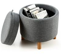 CostwayPouf de Rangement Rond avec Plateau Repose-pied de Rangement avec Rembourrage Doux Tabouret en Tissu PE avec Pieds Gris