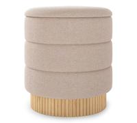 CostwayPouf de Rangement Rond Moderne Repose-Pieds en Chenille avec Couvercle Amovible Base en Bois Massif Siège Rembourré Beige