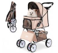 CostwayPoussette à Roulettes pour Chiens&Chats 15KG Poussette Pliable avec Maille Respirante Couverture Imperméable Tout-Terrain Porte-Gobelet Beige