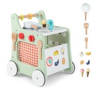 CostwayPoussette en Bois 6 en 1 pour Bébé Centre d'Activités d'Apprentissage Cuisine de Jeu Horloge Pédagogique Curseur Mobile et Assorti Vert