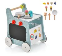 CostwayPoussette en Bois 6 en 1 pour Bébé Centre d'Activités d'Apprentissage Cuisine de Jeu Horloge Pédagogique Curseur Mobile et Assorti Bleu