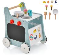 COSTWAY 6 en 1 Chariot de Marche en Bois avec Centre de Jouets, Cuisine de Jeu, Horloge, Enfant 1 An+, Jouet Montessori, Bleu