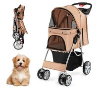 CostwayPoussette Pliable pour Chien et Chat à 4 Roues Charge 15KG Panier de Rangement Fenêtre en Maille Beige