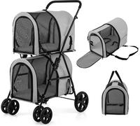 CostwayPoussette pour Chien Chat Animaux Poussette de Voyage avec 2 Cages Détachables Roues Avant Universelles Gris