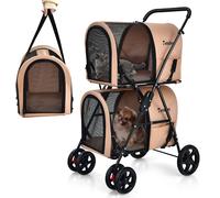 CostwayPoussette pour Chien Chat Animaux Poussette de Voyage avec 2 Cages Détachables Roues Avant Universelles Beige