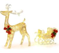 CostwayRenne Lumineux avec Traîneau 100 Lumières Blanches Chaudes Décoration LED de Noël Intérieur & Extérieur 8 Piquets