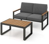 CostwaySalon de Jardin 2 Pièces avec Table Basse Causeuse Ensemble de Meubles d'Extérieur en Aluminium avec Accoudoirs Gris