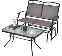 CostwaySalon de Jardin 2 Pièces avec Table Basse en Verre Trempé Causeuse à Bascule Charge 360KG Ensemble de Mobilier de Terrasse 2 Places Marron