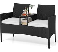 CostwaySalon de Jardin 2 Places avec Table Intégrée Banc de Conversation en Rotin avec Plateau en Verre Trempé et Coussins Doux 62x124x84cm Blanc