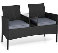 CostwaySalon de Jardin 2 Places avec Table Intégrée Banc de Conversation en Rotin avec Plateau en Verre Trempé et Coussins Doux 62x124x84 cm Gris