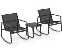 CostwaySalon de Jardin 3 Pcs en Métal+Textilène Ensemble Chaises à Bascule et Table en Verre Trempé 2 Personnes Piscine Balcon