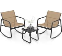 CostwaySalon de Jardin 3 Pièces avec Chaises à Bascule Table en Verre Ensemble de Meuble Extérieur 2 Fauteuils Cadre Métallique Charge 150KG Marron