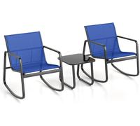 CostwaySalon de Jardin 3 Pièces avec Chaises à Bascule Table en Verre Ensemble de Meuble Extérieur 2 Fauteuils Cadre Métallique Charge 150KG Bleu