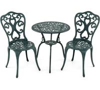 CostwaySalon de Jardin 3Pcs en Fonte d Aluminium Ensemble Bistro 2 Chaises et 1 Table Ronde Résistant aux Intempéries avec Trou de Parasol Vert
