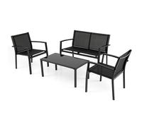 CostwaySalon de Jardin 4 Pcs Ensemble de Bistro avec Canapé 2 Places 2 Fauteuils Simples Table Basse avec Plateau en Verre Trempé Noir