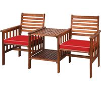 CostwaySalon de Jardin en Bois d Acacia 2 Personnes Charge 160KG Ensemble de Meubles avec Table Basse 2 Chaises et Coussin Trou de Parasol de 5CM Rouge