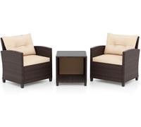 CostwaySalon de Jardin en Rotin PE 3 Pièces 1 Table Basse 2 Niveaux Plateau en Verre Trempé et 2 Fauteuil avec Coussins Lavable Brun