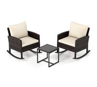 CostwaySalon de Jardin Ensemble Bistro de Jardin 3 Pièces avec 2 Fauteuils à Bascule Table Basse en Verre Accoudoirs Dossier Beige