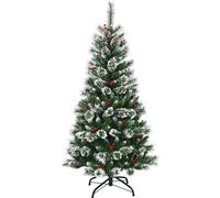 CostwaySapin de Noël Artificiel 150cm avec Flocons de Neige avec Baies Rouges Dense Base en Métal 100% PVC Décoration de Vacances