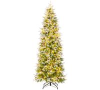 CostwaySapin de Noël Artificiel de 220 cm Arbre de Noël à Charnières Floqué de Neige 913 Pointes 75 Pommes de Pin 350 Lumières LED Blanc Chaud
