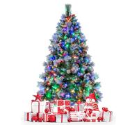 CostwaySapin de Noël Artificiel Illuminé de 185 cm à Charnière avec 747 Branches 350 Lumières LED 55 Pommes de Pin et 55 Baies Rouges 11 Modes d'Éclairage
