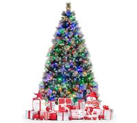 CostwaySapin de Noël Artificiel Illuminé de 215 cm à Charnière avec 1116 Branches 400 Lumières LED 70 Pommes de Pin et 70Baies Rouges 11 Modes d'Éclairage