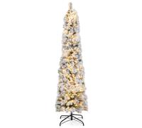 CostwaySapin de Noël Artificiel Pré-éclairé 180 cm en Forme de Crayon Floqué de Neige 150 Lumières Blanches Chaudes 373 Pointes de Branches Aiguilles de Pin