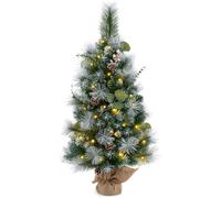 CostwaySapin de Noël Artificiel Pré-éclairé 90cm Décoration de Table 98 Aiguilles de Pin Floquées Baies Pommes de Pin 30 Lumières LED Blanc Chaud