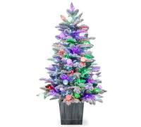 CostwaySapin de Noël Artificiel Pré-éclairé de 100cm en Pot Floqué de Neige 148 Pointes en PVC et PE 80 Lumières LED Colorées