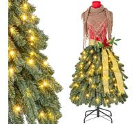 CostwaySapin de Noël Artificiel Pré-éclairé de 150 cm en Forme de Jupe de Mannequin 248 Pointes de Branches 100 LED Blanc Chaud Baies Rouges