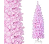 CostwaySapin de Noël Artificiel Pré-éclairé Rose 180 cm 475 Pointes de Branches 250 Lumières LED Blanc Froid Forme Crayon Support Arbre de Noël en Métal Pliable