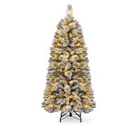 CostwaySapin de Noël Floqué de 150 cm Arbre de Noël avec Aiguilles de Pin 378 Pointes de Branches 130 Lumières LED Blanc Chaud Section Pliable