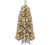 CostwaySapin de Noël Floqué de 150 cm Arbre de Noël avec Aiguilles de Pin 378 Pointes de Branches 130 Lumières LED Blanc Chaud Section Pliable