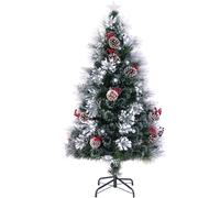 CostwaySapin de Noël Floqué Pointes de Branches Grappes de Baies Rouges Pommes de Pin Fibres Optiques Lumières LED 8 Modes d'Eclairage 150CM