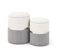 CostwaySet de 2 Poufs de Rangement en Tissu Lin Pouf Rond Moderne avec Rangement Pouf Rembourré avec Anneau en Acier Inoxydable Argenté Gris