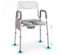CostwaySiège de Toilette Chaise Percée avec Dossier Hauteur Réglable 5 Niveaux Seau Amovible Pliable Siège Rembourré Rehausseur de Toilette