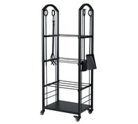 CostwaySupport à Bûches Roulant à 4 Niveaux Porte-Bûches Intérieur et Extérieur sur Roulettes avec Pince Tisonnier Balai et Pelle Noir