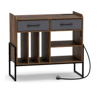 CostwaySupport pour Tourne-Disque avec Station de Charge 3 Compartiments 2 Tiroirs Tissu Amovibles 76 x 35,5 x 68,5 cm Marron Rustique