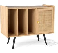 CostwaySupport pour Tourne-disque avec Station de Charge Table Tournante avec Meuble en Rotin Étagères et Tablette Réglable pour 220 Albums Naturel