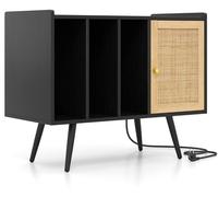 CostwaySupport pour Tourne-disque avec Station de Charge Table Tournante avec Meuble en Rotin Étagères et Tablette Réglable pour 220 Albums Noir