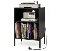 CostwaySupport pour Tourne-disque Support de Platine avec Etagère Pieds en Métal Station de Charge et Port USB Meuble de Rangement Noir