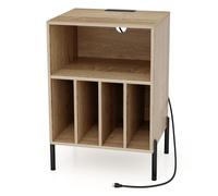 CostwaySupport pour Tourne-disque Support de Platine pour Disques Vinyles avec Etagère Pieds en Métal Station de Charge et Port USB Naturel