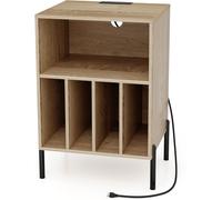 CostwaySupport pour Tourne-disque Support de Platine pour Disques Vinyles avec Etagère Pieds en Métal Station de Charge et Port USB Naturel