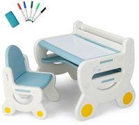 CostwayTable à Dessin et Chaise pour Enfants avec 5 Stylos & Gomme Bureau Enfants en Forme Mignon Charge 30kg Chevalet pour Enfants de 3-8 Ans Bleu